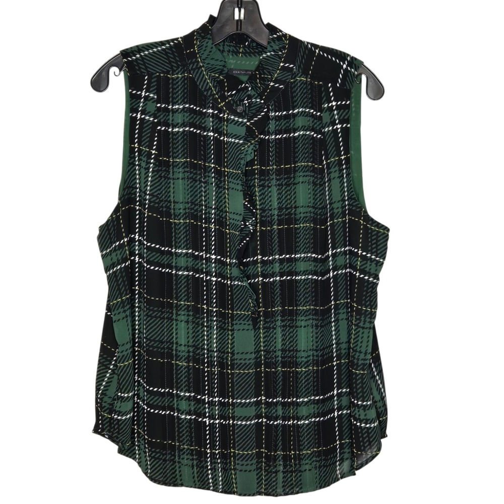 Ann Taylor Green Plaid Sleeveless Blouse Ruffle Neck Pleated Chiffon Top XL